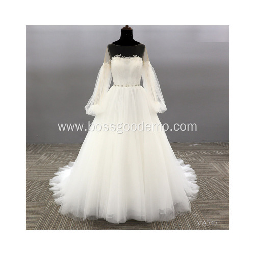 Hot Selling Sheer White Long Sleeve Lace Bridal wedding dress ball gown